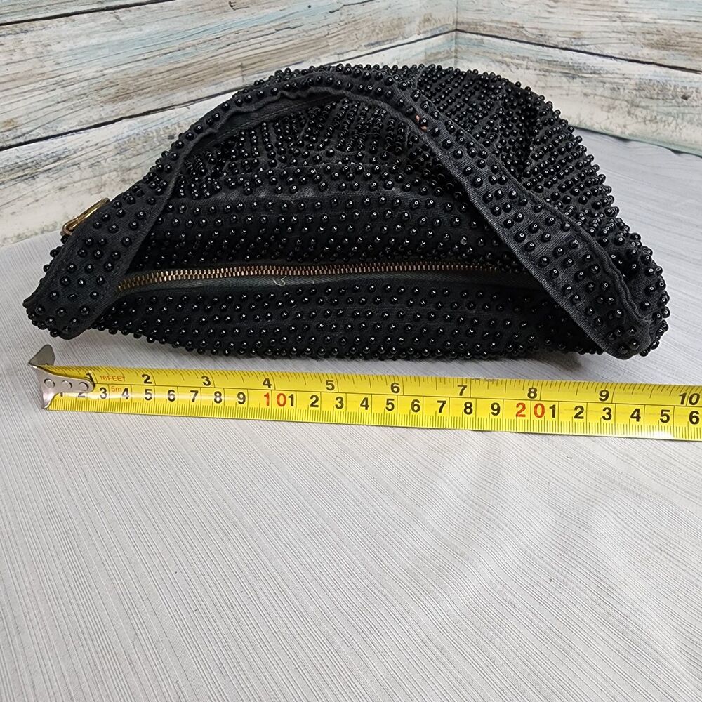 Vintage Plastic Beaded Bag Pleated Satchel Crescent Black Zippered Closure - Picture 14 of 16